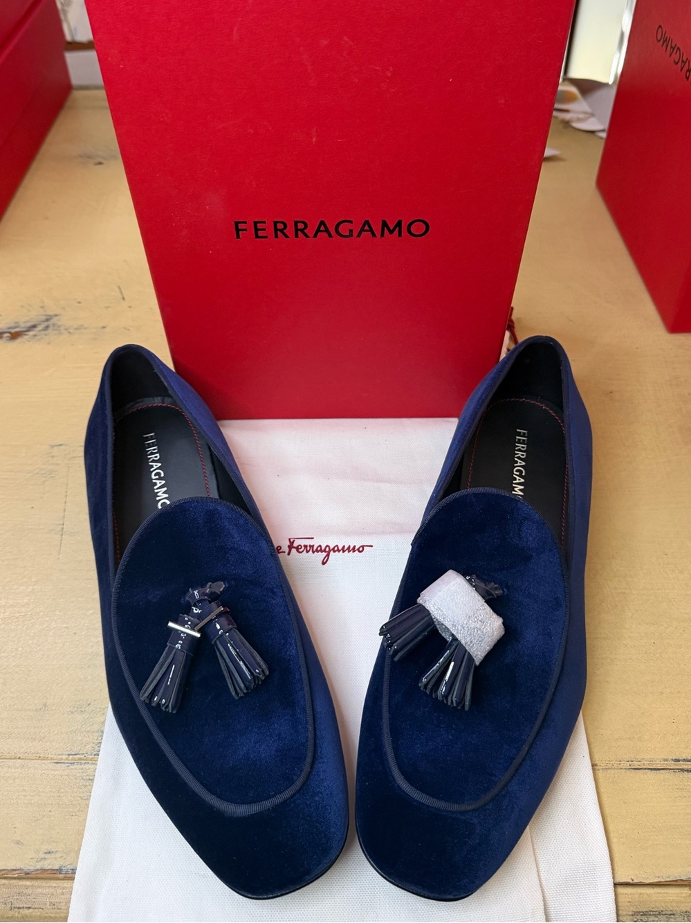 Salvatore Ferragamo Blue Velvet Tassel Loafers